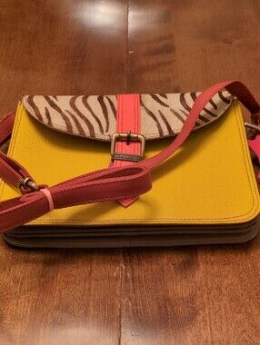Yellow Leather Crossbody with Zebra Print Flap and Bold Accents